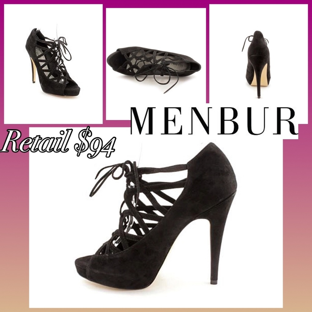 Menbur Annatar Black Lace Up Suede Heels